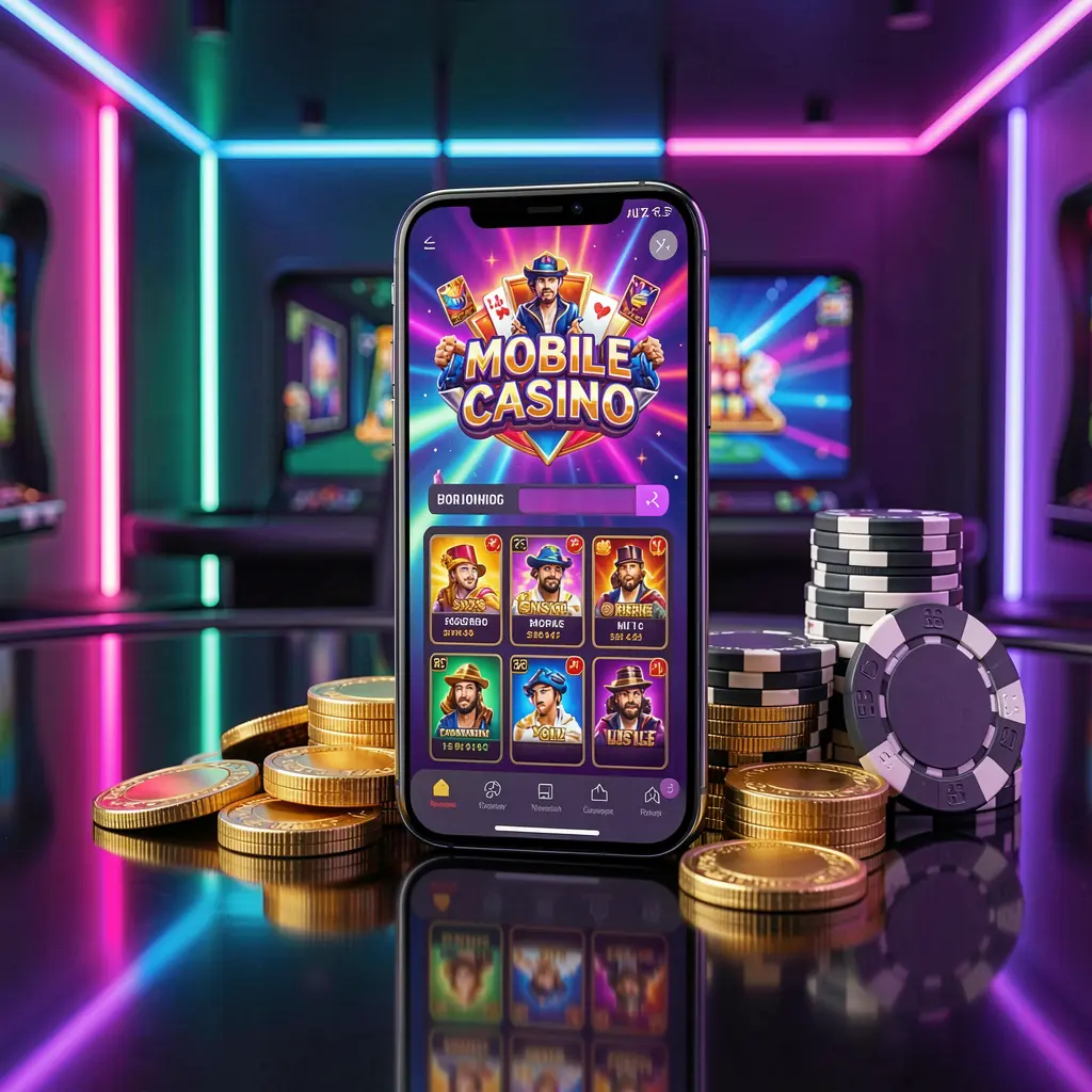 Dasbor kasino seluler RDKK pada ponsel pintar yang menampilkan antarmuka permainan penuh warna dengan koin emas dan chip poker di atas meja mengilap di bawah pencahayaan neon yang elegan