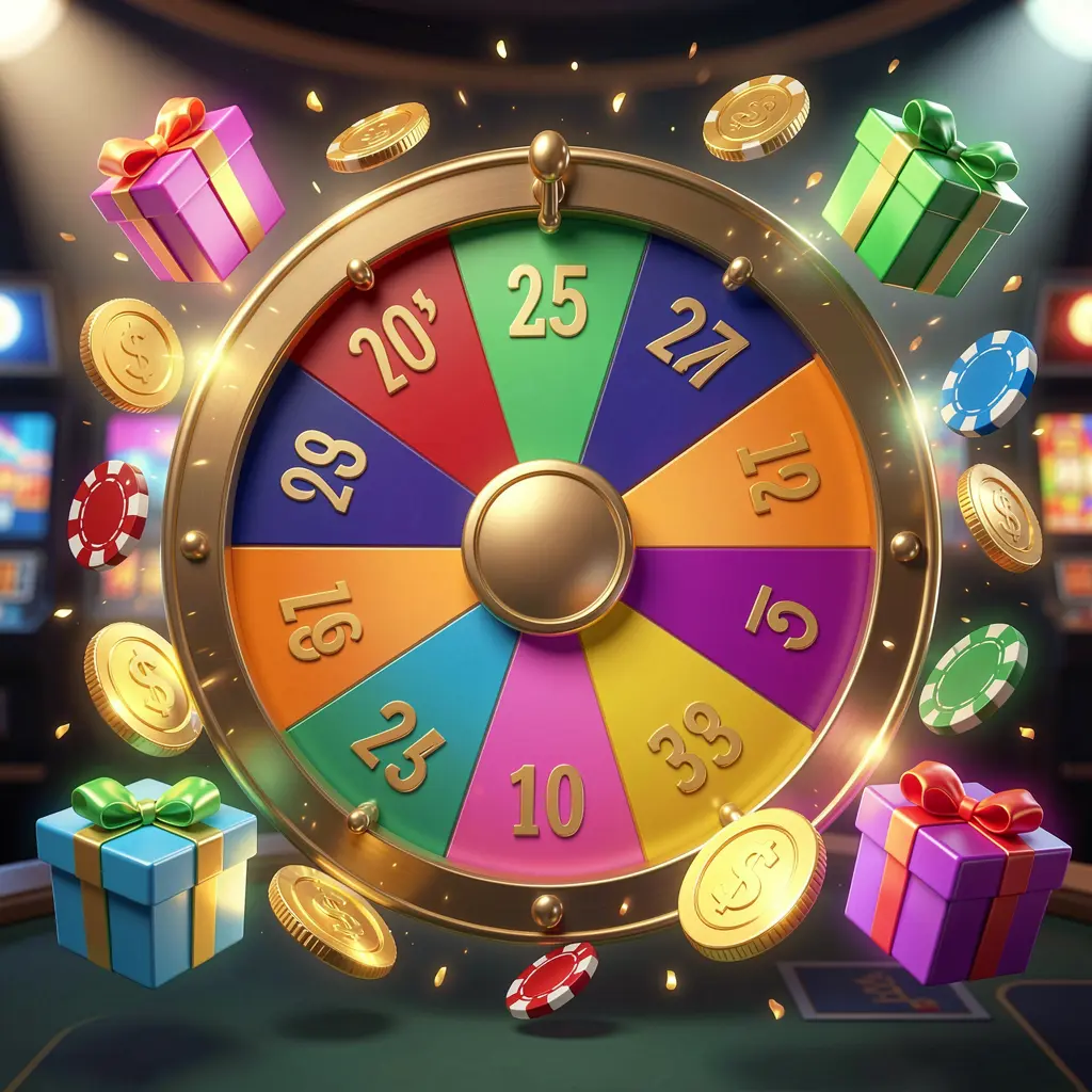 Roda bonus kasino online RDKK dengan segmen hadiah berwarna-warni yang dikelilingi koin emas, chip, dan kotak hadiah, lampu kasino bercahaya menciptakan suasana jackpot yang mendebarkan di latar belakang gelap