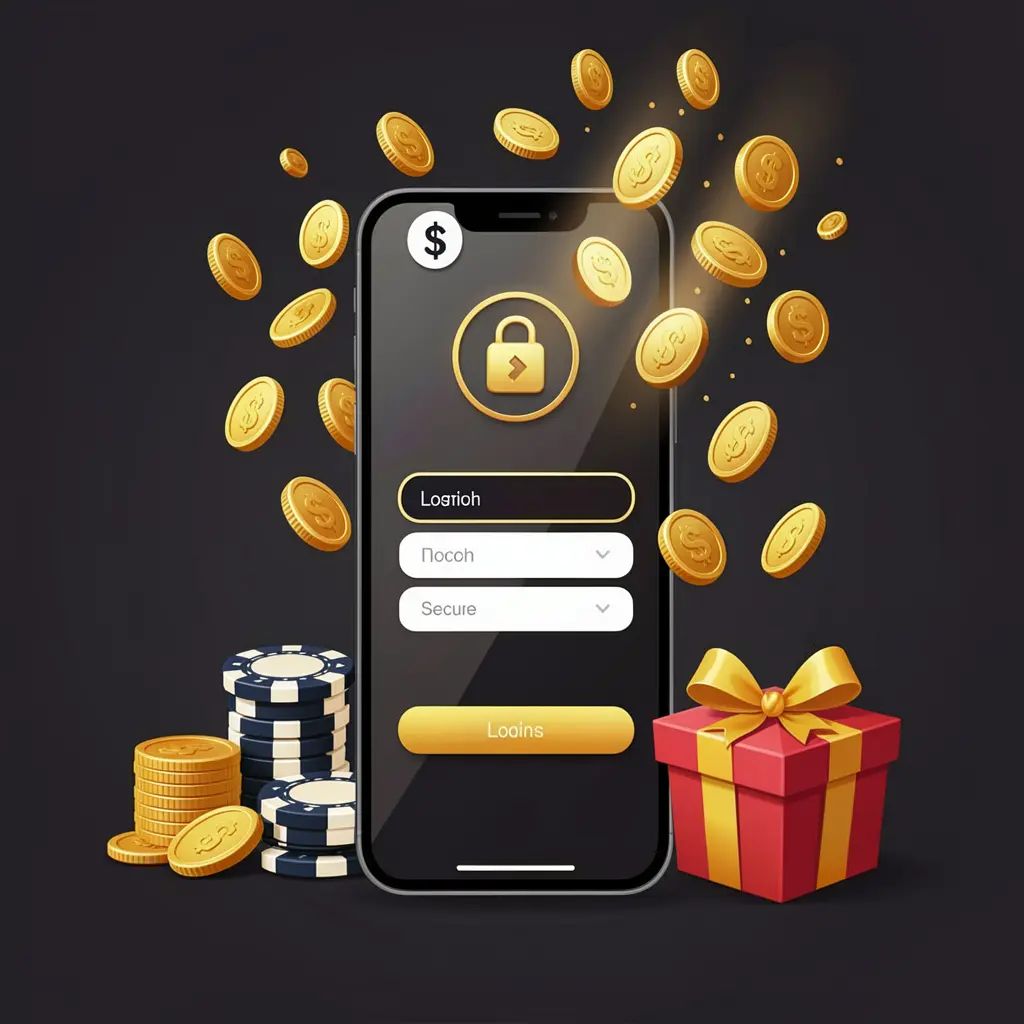 Ilustrasi masuk pengguna kasino RDKK yang menampilkan ponsel dengan ikon akses aman, koin emas yang meledak dari layar, chip poker dan kotak hadiah di dekatnya di latar belakang gelap premium