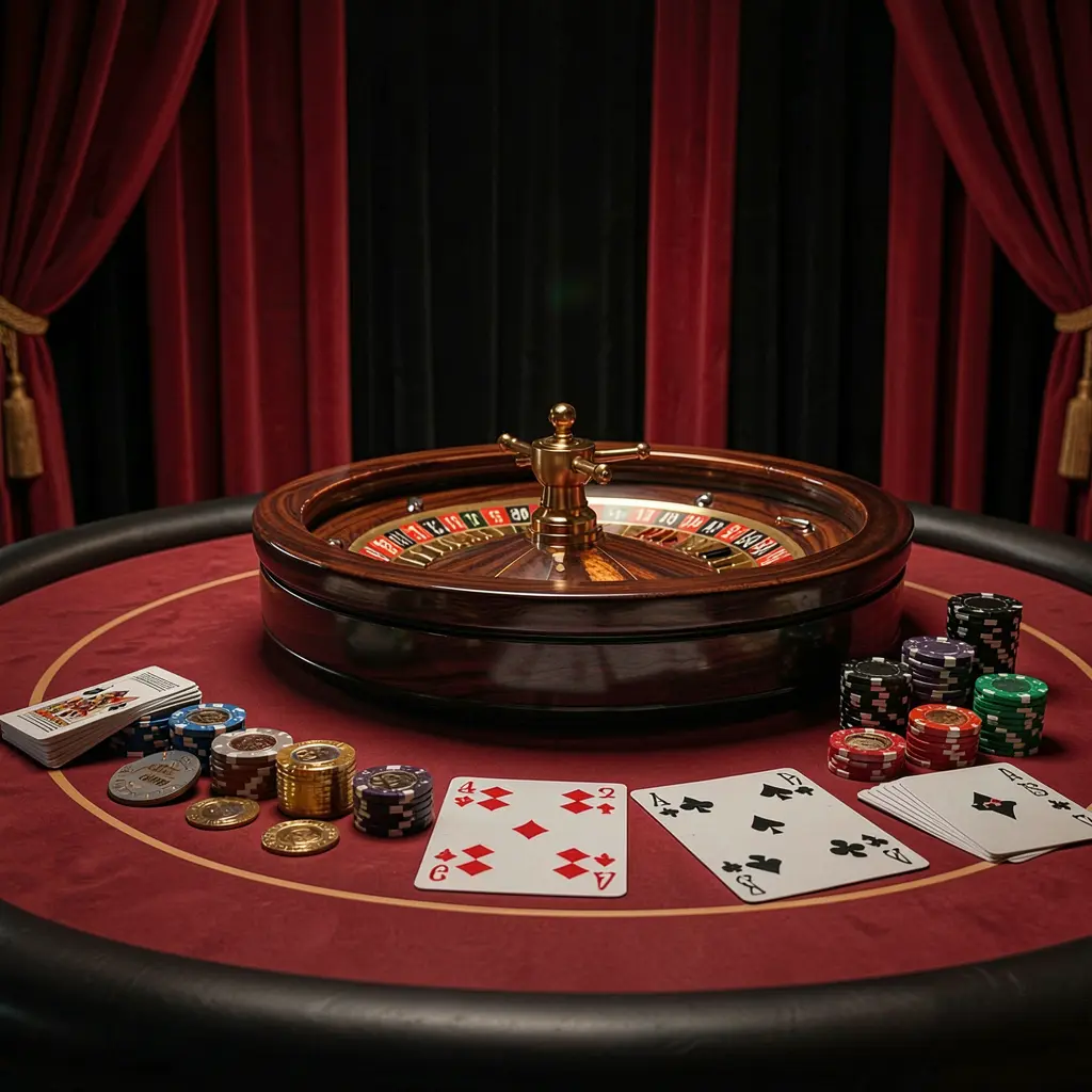 Gambar utama platform kasino online RDKK yang menampilkan meja permainan elegan dengan roulette, kartu blackjack, chip poker, dan koin di bawah pencahayaan sinematik mewah dengan latar belakang hitam dan merah